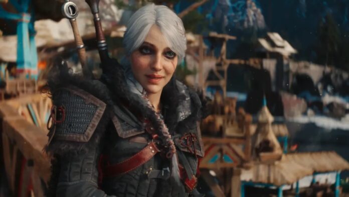 Ciri ในชุดเกราะแฟนตาซี ยืนอยู่ในฉากหมู่บ้านภูเขาจากเกม The Witcher 4
