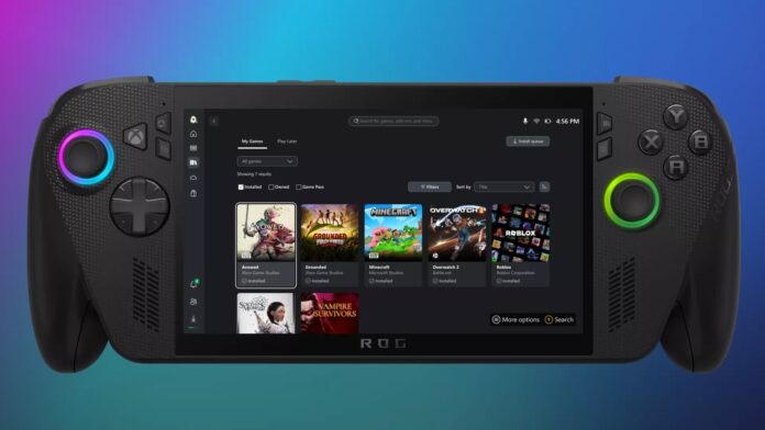 เครื่อง ROG Ally X แสดงเมนูเกมจาก Xbox Game Pass บนหน้าจอ