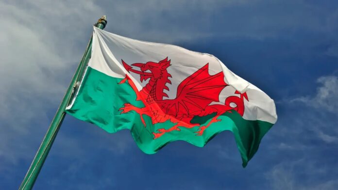 ภาพธงชาติเวลส์ พื้นสีขาว-เขียว มีมังกรแดงอยู่ตรงกลาง โบกสะบัดท่ามกลางท้องฟ้าสีคราม