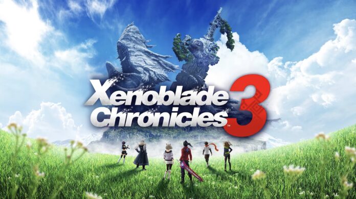 ภาพโปรโมตเกม Xenoblade Chronicles 3 แสดงตัวละครหลัก 7 คนยืนหันหลังอยู่กลางทุ่งหญ้าเขียวขจี