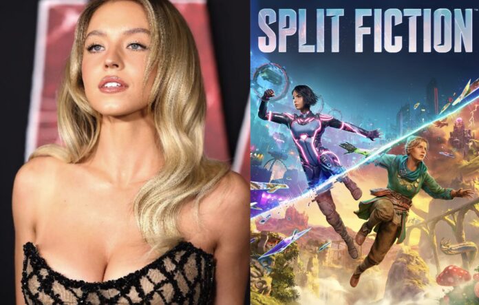 ภาพ Sydney Sweeney (ซ้าย) กับโปสเตอร์เกม Split Fiction (ขวา) ซึ่งแสดงตัวละครหญิงสองคนในโลกแฟนตาซีและไซไฟ