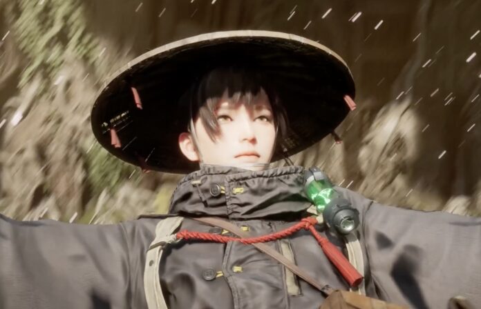 ตัวละครในเกมสวมหมวกงอบและชุดเดินป่าทรงญี่ปุ่นโบราณ พร้อมหลอดพลังงานสีเขียวบนบ่า