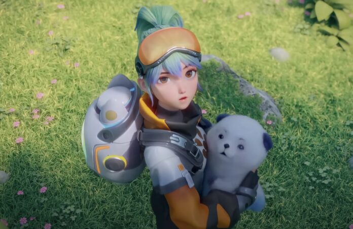 ตัวละครหญิงผมสีฟ้าในชุดนักผจญภัยล้ำยุคอุ้มสัตว์ขนปุยสีขาวคล้ายลูกหมี บนพื้นหญ้าที่ประดับด้วยดอกไม้เล็ก ๆ สีชมพู