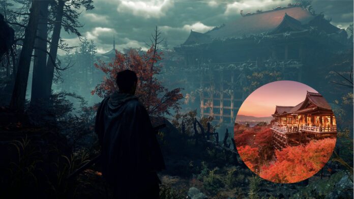 ฉากในเกม Onimusha: Way of the Sword ตัวละครหลักยืนมองวัดโบราณกลางป่าในบรรยากาศลึกลับ