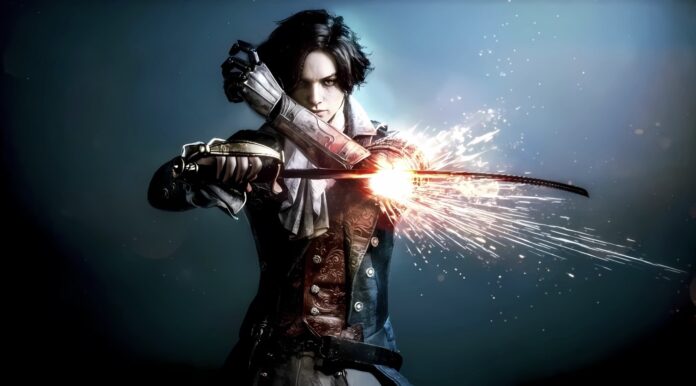 ตัวละคร Lies of P ถือดาบพร้อมแสงระเบิดกลางใบมีด ท่ามกลางฉากพื้นหลังสีน้ำเงินเข้ม