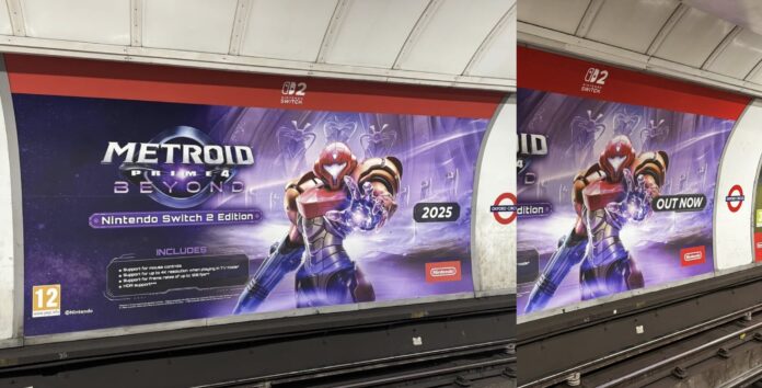 ภาพโปสเตอร์โฆษณาเกม Metroid Prime 4: Beyond บนเครื่อง Switch 2 ในลอนดอน