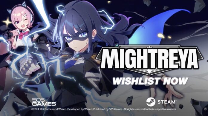 ตัวละครหญิงในชุดฮีโร่จากเกม Mightreya พร้อมข้อความโปรโมทบนหน้าจอว่า “Wishlist Now” บนแพลตฟอร์ม Steam