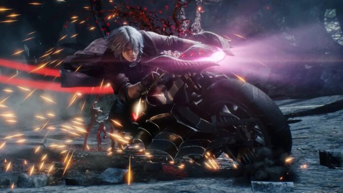 ภาพตัวละคร Dante จากเกม Devil May Cry 5 ขี่มอเตอร์ไซค์ในฉากต่อสู้ที่เต็มไปด้วยประกายไฟ