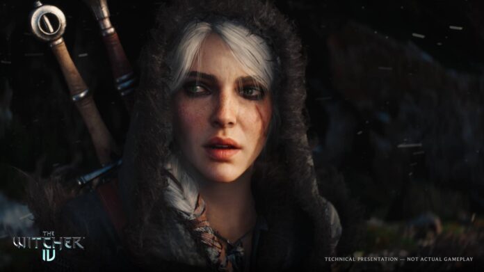Ciri จากเกม The Witcher 4 สวมฮู้ดขนสัตว์พร้อมสายสะพายดาบด้านหลัง เผยให้เห็นใบหน้ามีรอยแผลเป็นและผมสีขาวเงิน