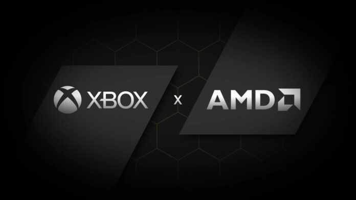 ภาพโลโก้ Xbox และ AMD วางขนานกันบนพื้นหลังสีดำ พร้อมตัวอักษร “X” คั่นกลาง แสดงถึงความร่วมมือระหว่างสองแบรนด์ในด้านฮาร์ดแวร์หรือเทคโนโลยีเกม