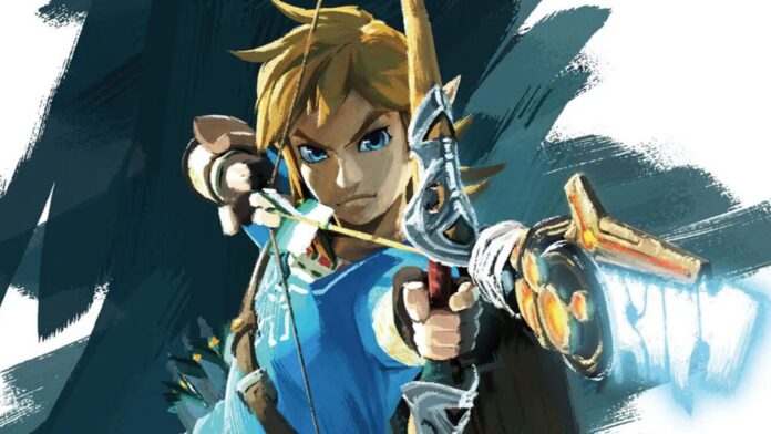 ภาพวาดสไตล์ดิจิทัลของตัวละครจากเกม The Legend of Zelda โดยตัวละครหลักถือคันธนูอยู่ในท่าพร้อมยิง
