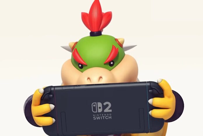 Bowser Jr. จากเกม Mario กำลังถือเครื่อง Nintendo Switch 2 สีดำในท่าทางตั้งใจเล่นเกม