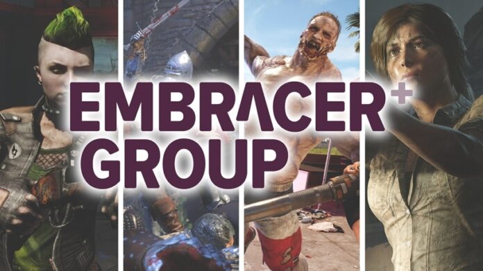 โลโก้ Embracer Group ซ้อนทับภาพตัวละครจากเกมดังหลายเรื่อง สื่อถึงกลุ่มบริษัทที่มีแฟรนไชส์เกมอยู่ในครอบครองจำนวนมาก