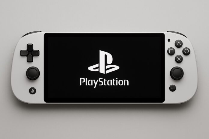 ภาพ Mockup เครื่องเกมพกพา PlayStation ตามข่าวลือดีไซน์สีขาว พร้อมหน้าจอแสดงโลโก้ PlayStation