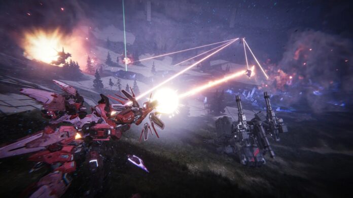 ฉากต่อสู้ระหว่างหุ่นยนต์ยักษ์กลางสนามรบเวลากลางคืน มีแสงเลเซอร์และระเบิดสว่างจ้าในบรรยากาศหม่นและเต็มไปด้วยควัน