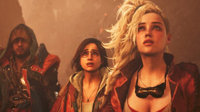 กลุ่มตัวละครจากเกม Monster Hunter กำลังเงยหน้ามองบางสิ่งด้วยสีหน้าตื่นตะลึง