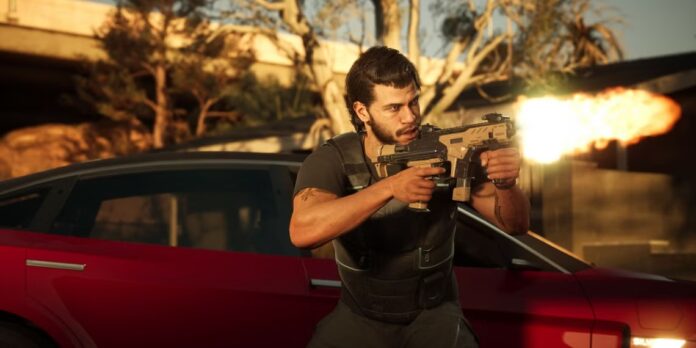 ตัวละครชายในชุดเกราะยิงปืนกลอยู่ข้างรถยนต์สีแดง ภาพจากเกม Mind’s Eye บรรยากาศแอ็กชัน