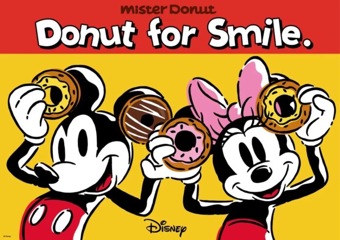 ภาพโปรโมต Mister Donut ลายการ์ตูน Mickey และ Minnie Mouse ถือโดนัทยิ้มแย้ม