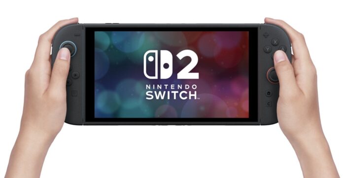 ภาพเครื่อง Nintendo Switch 2 ขณะอยู่ในโหมดพกพา แสดงหน้าจอพร้อมโลโก้ Switch 2 ระหว่างผู้เล่นถือเครื่องด้วยสองมือ