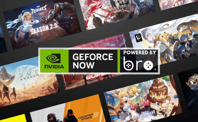 ภาพโปรโมตบริการ GeForce NOW โดย bro.game แสดงโลโก้ NVIDIA และ bro.game อยู่ตรงกลางภาพ พร้อมพื้นหลังที่เต็มไปด้วยภาพปกเกมดัง