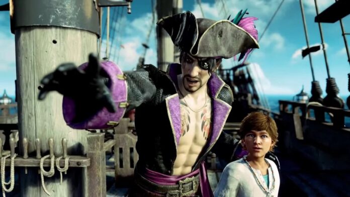 ตัวละครโจรสลัดกับเด็กชายบนเรือในฉากจากเกม Like a Dragon: Pirate Yakuza in Hawaii