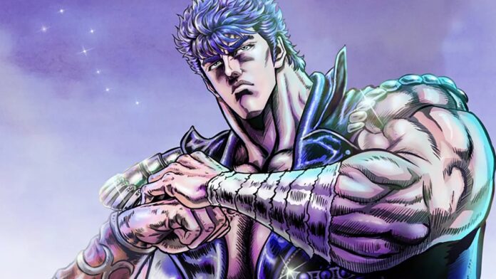 ตัวละครเคนชิโรจาก Fist of the North Star ยืนในท่าพร้อมต่อสู้บนฉากหลังสีม่วง