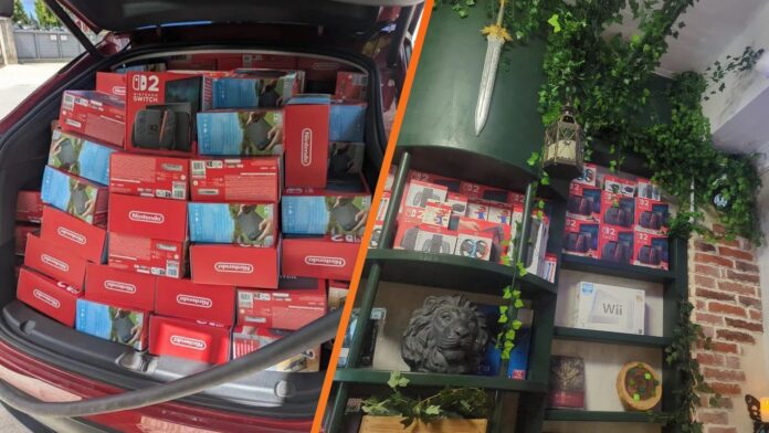 ภาพแสดงกล่อง Nintendo Switch 2 จำนวนมากที่บรรจุอยู่เต็มท้ายรถยนต์ และอีกภาพหนึ่งแสดงชั้นวางสินค้าภายในร้านเกม