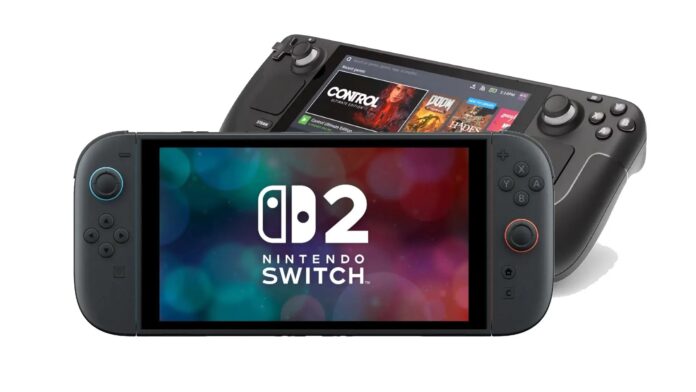 ภาพเครื่อง Nintendo Switch 2 แสดงโลโก้บนหน้าจอ วางอยู่ด้านหน้าเครื่อง Steam Deck