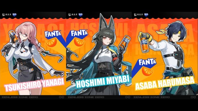 ภาพโปรโมตร่วมระหว่างเกม Zenless Zone Zero กับ Fanta โดยมีตัวละคร Tsukishiro Yanagi, Hoshimi Miyabi และ Asaba Harumasa ยืนถือกระป๋องน้ำอัดลมรสส้มใน