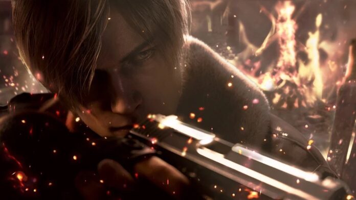 ตัวละคร Leon S. Kennedy จากเกม Resident Evil 4 รีเมก เล็งปืนด้วยสายตาเข้มขรึม