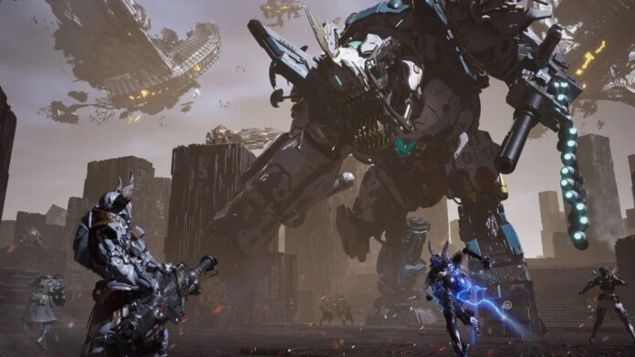 ตัวละครจากเกม The First Descendant สวมชุดเกราะต่อสู้กับหุ่นยนต์ยักษ์กลางฉากไซไฟที่เต็มไปด้วยซากเมืองและยานอวกาศลอยฟ้า