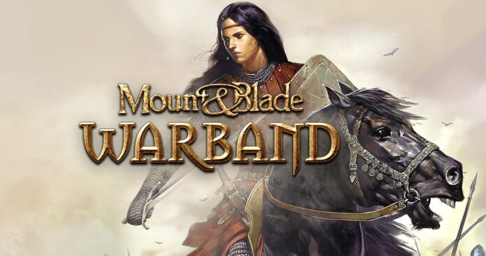 ภาพโปรโมตเกม Mount & Blade: Warband แสดงนักรบหญิงถือดาบและโล่ขี่ม้าในฉากสไตล์ยุคกลาง