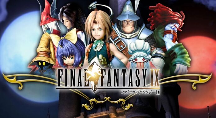 ตัวละครหลักจากเกม Final Fantasy IX ยืนเรียงหน้า พร้อมโลโก้เกมอยู่ตรงกลางภาพ