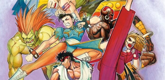 ภาพวาดตัวละครจากเกม Street Fighter II รวมดาวนักสู้ชื่อดัง เช่น Ryu, Chun-Li, Blanka และ Guile โชว์ท่าแอ็กชันต่อสู้สุดเร้าใจ