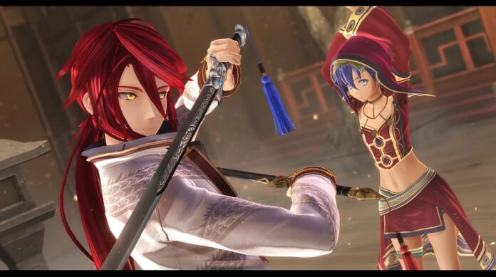 ตัวละคร Yun Jin และ Kirin จากเกม The Legend of Heroes: Trails through Daybreak ในฉากประจันหน้ากันด้วยดาบ