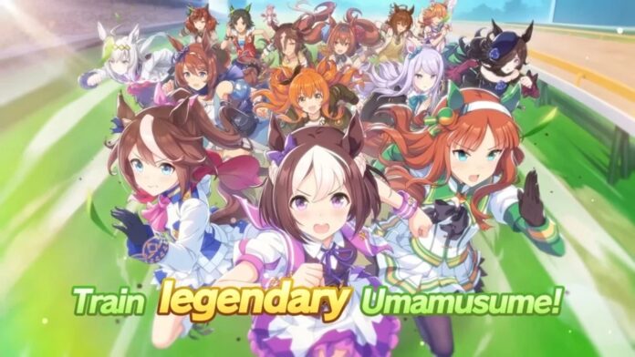ตัวละครสาวม้า Umamusume หลายคนวิ่งอยู่ในสนามแข่ง พร้อมข้อความ “Train legendary Umamusume!”