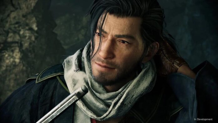 ตัวเอกจากเกม Rise of the Ronin สวมผ้าพันคอและชุดซามูไรในฉากกลางแจ้ง