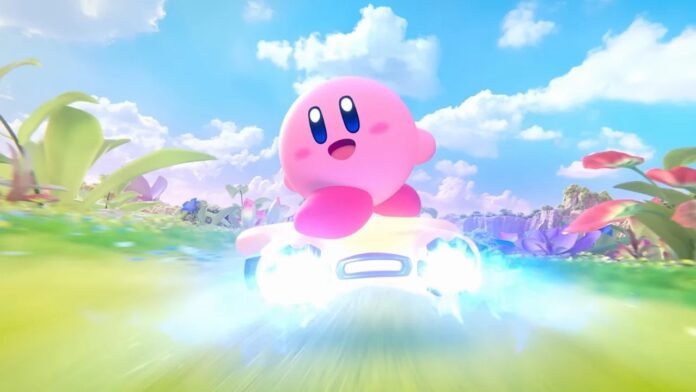 Kirby ขี่ยานในท่ามกลางทุ่งดอกไม้สีสันสดใส พร้อมแสงความเร็วพุ่งออกไอพ่น