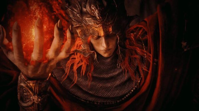ตัวละครเกม Elden Ring สวมหมวกเกราะและชุดเกราะโซ่ สายตาเย็นชาในบรรยากาศมืดมน