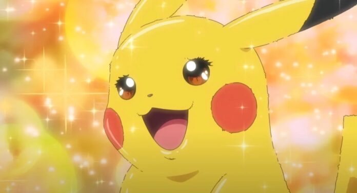 พิคาชูจาก Pokémon ในลุคตาโตขนตางอน มีพื้นหลังแสงวิบวับสีทอง