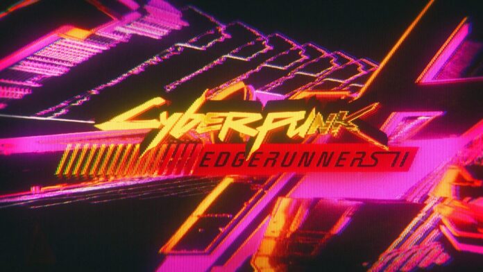 โลโก้ “Cyberpunk: Edgerunners II” แสดงบนพื้นหลังลวดลายแนวไซเบอร์พังค์สีชมพู ม่วง และเหลืองสดใส