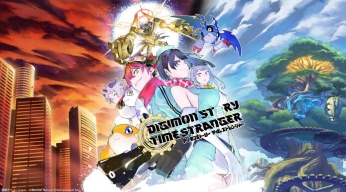 ภาพโปรโมตเกม Digimon Story: Time Stranger แสดงตัวละครเอกพร้อมดิจิมอนคู่ใจ