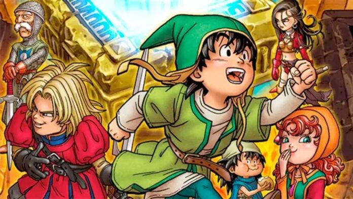 ภาพวาดตัวละครจากเกม Dragon Quest VII สไตล์การ์ตูนญี่ปุ่น ตัวละครเอกสวมชุดนักผจญภัยสีเขียวกำลังวิ่งนำหน้า