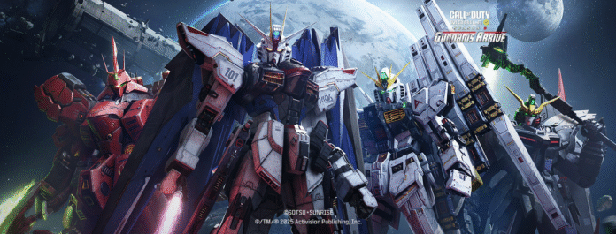 ภาพโปรโมตการคอลแลบระหว่าง Call of Duty: Mobile กับ Gundam โดยมีหุ่นยนต์กันดั้มยอดนิยมจากซีรีส์ต่าง ๆ ได้แก่ Freedom Gundam, Sazabi, ν Gundam (Nu Gundam) และ Gundam Deathscythe Hell (EW) ยืนเรียงกันในอวกาศ โดยมีฉากหลังเป็นโลก