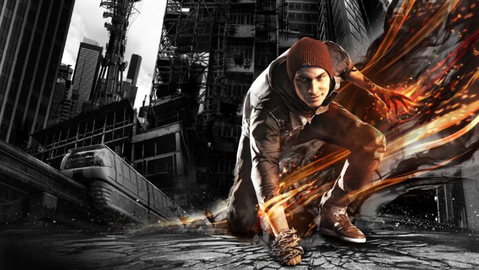 ชายใส่หมวกแดงปล่อยพลังไฟในเมืองจากเกม inFAMOUS: Second Son