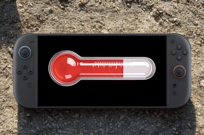 เครื่อง Nintendo Switch 2 แสดงภาพเทอร์โมมิเตอร์สีแดงบนหน้าจอ สื่อถึงปัญหาเครื่องร้อนเกินไป