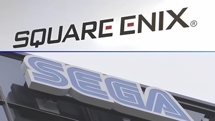 ป้ายโลโก้ของบริษัท Square Enix และ Sega ปรากฏอยู่ในภาพเดียวกัน โดย Square Enix อยู่ด้านบนพื้นหลังสีขาว ส่วน Sega อยู่ด้านล่างติดกับอาคารกระจก