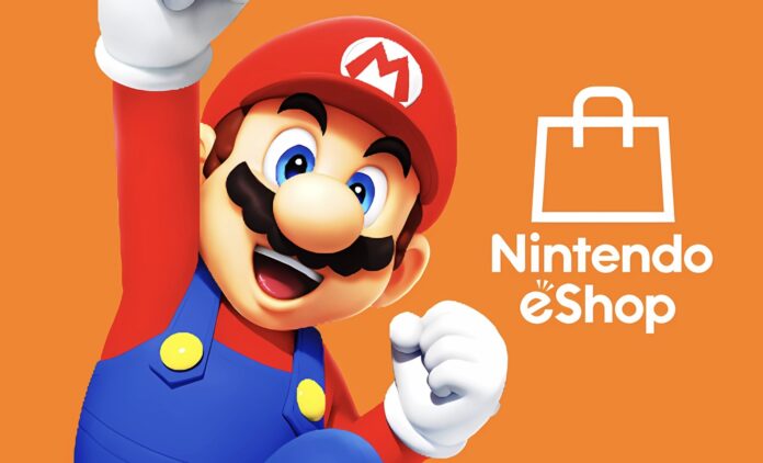 มาริโอกระโดดบนพื้นหลังสีส้ม พร้อมโลโก้ Nintendo eShop