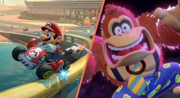 มาริโอ้ขับรถแข่งในเกม Mario Kart ด้านซ้าย และ Donkey Kong สีชมพูในชุดหลุดโลกทางด้านขวา