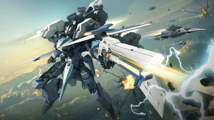 หุ่นยนต์ยักษ์จากเกม Mecha Break ติดอาวุธพลังงานขนาดใหญ่ กำลังบินกลางอากาศในฉากสงคราม พร้อมสายฟ้าและการระเบิดรอบตัว